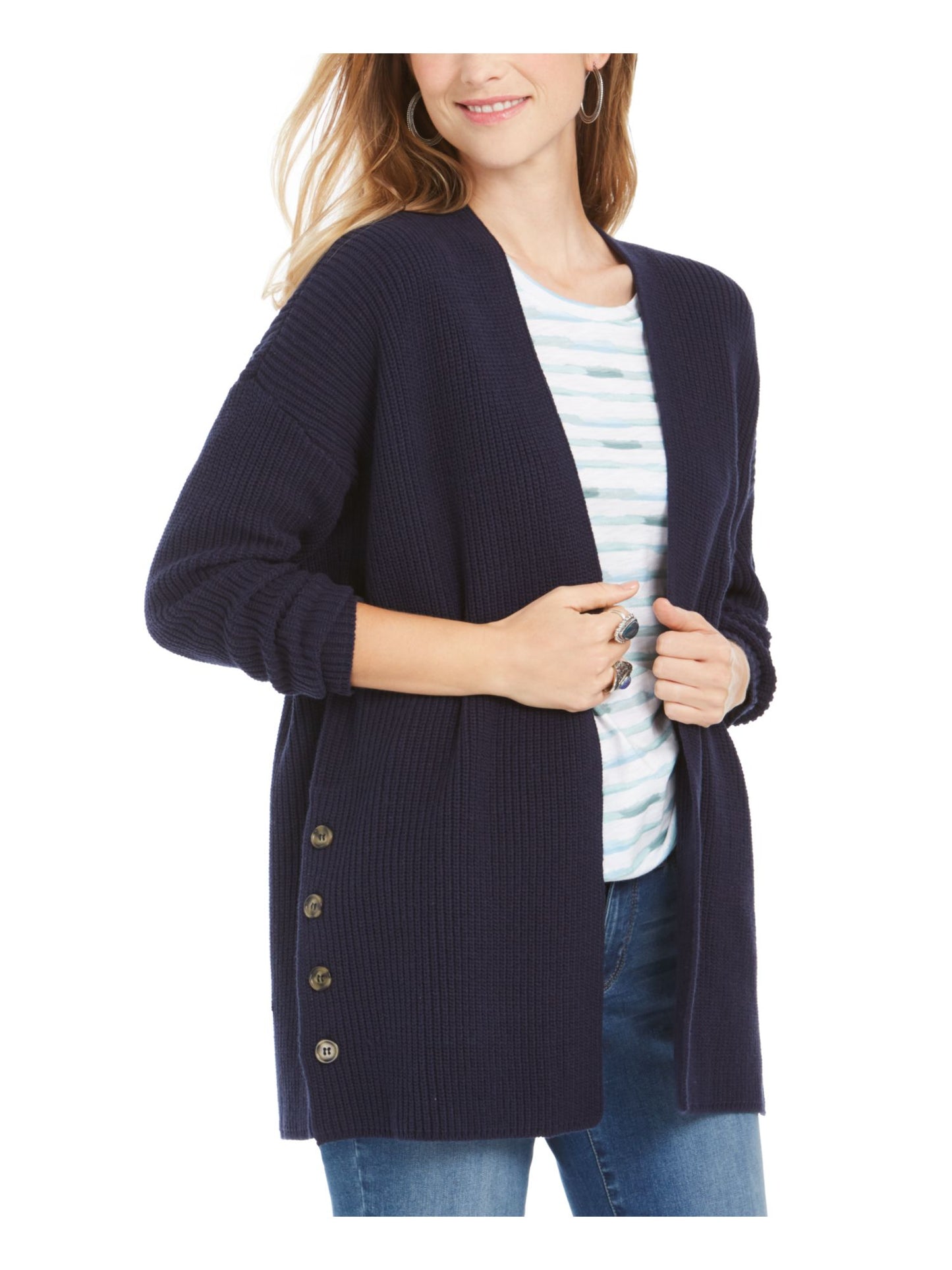 Suéter feminino de manga comprida com nervuras e detalhes em azul, tamanho pequeno e pequeno