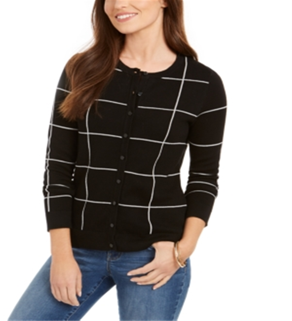 Cardigan feminino Charter Club Windowpane, preto, tamanho pequeno grande