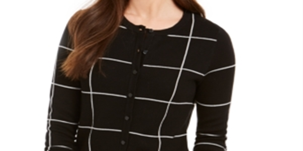 Cardigan feminino Charter Club Windowpane, preto, tamanho pequeno grande