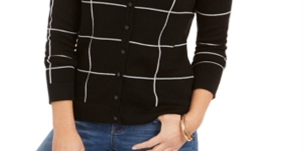 Cardigan feminino Charter Club Windowpane, preto, tamanho pequeno grande