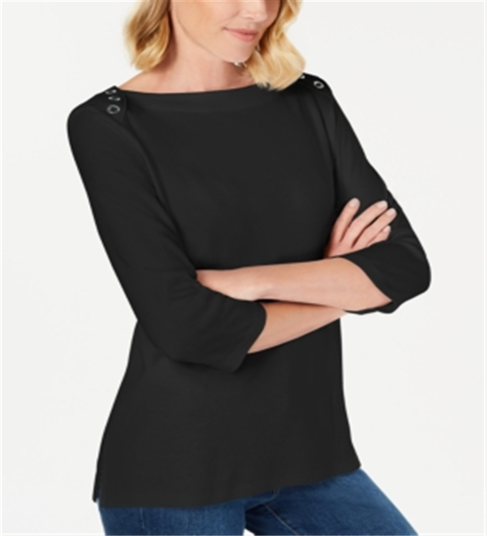 Karen Scott Top Feminino Manga 3/4 com Acabamento em Ilhós Preto Tamanho Médio