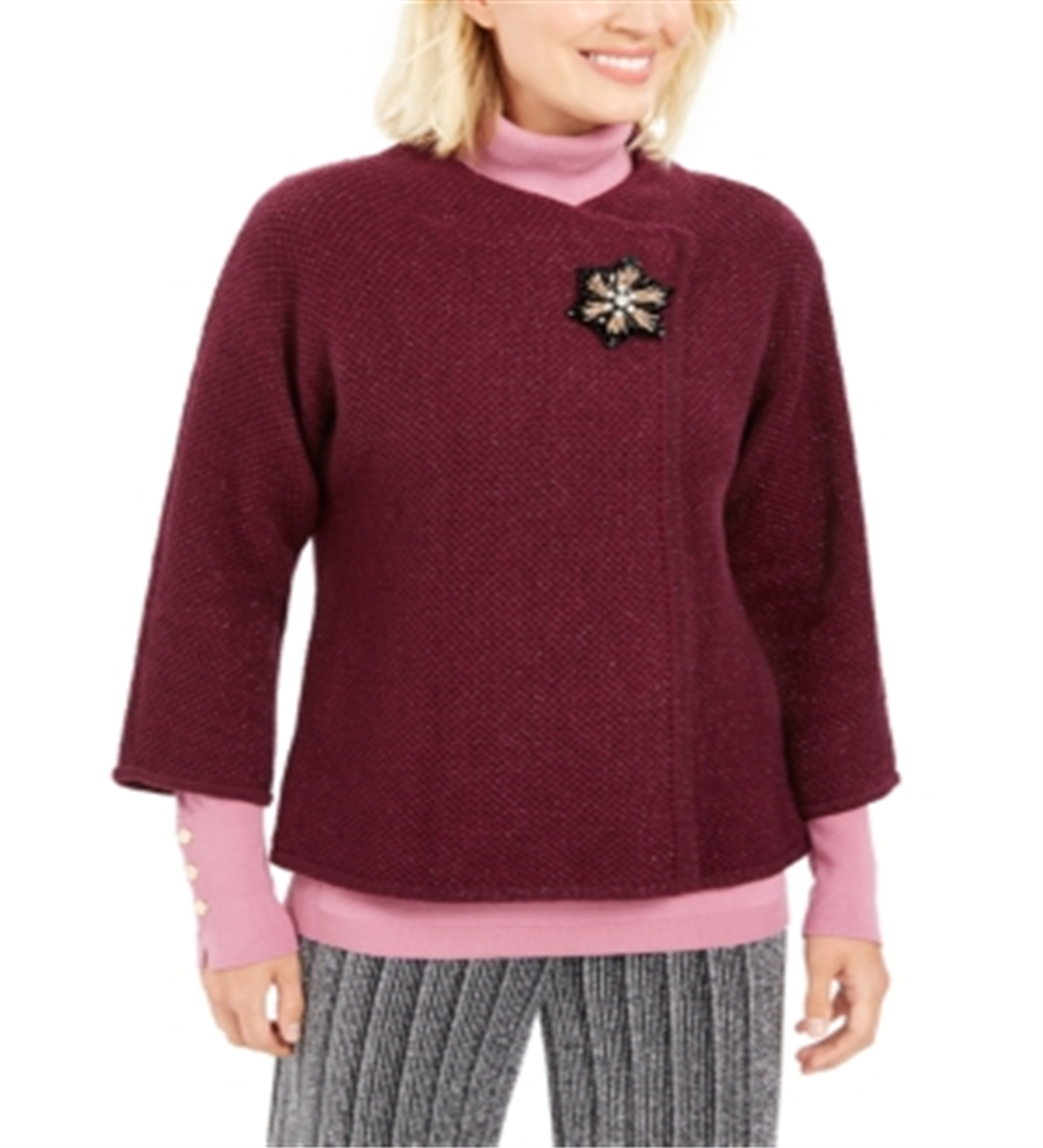 JM Collection Suéter feminino com textura metálica e broche para festa de fim de ano, roxo, tamanho pequeno