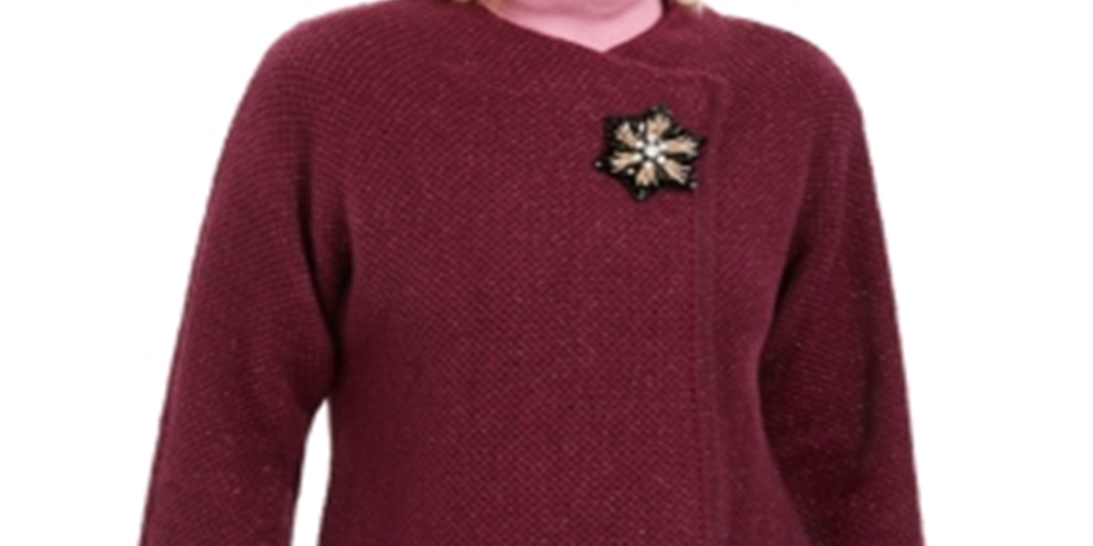 JM Collection Suéter feminino com textura metálica e broche para festa de fim de ano, roxo, tamanho pequeno