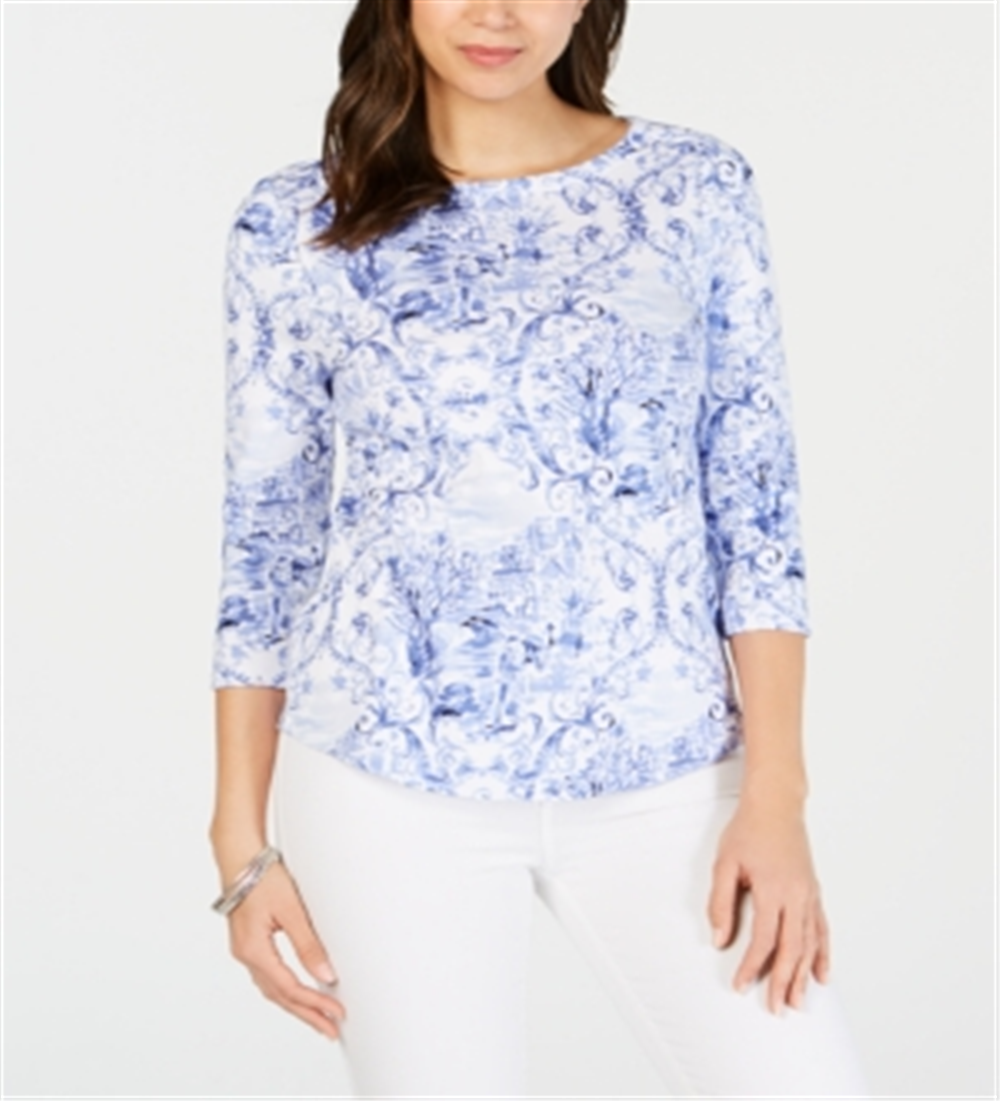 Charter Club Blusa feminina estampada com decote canoa, branca, tamanho X-S