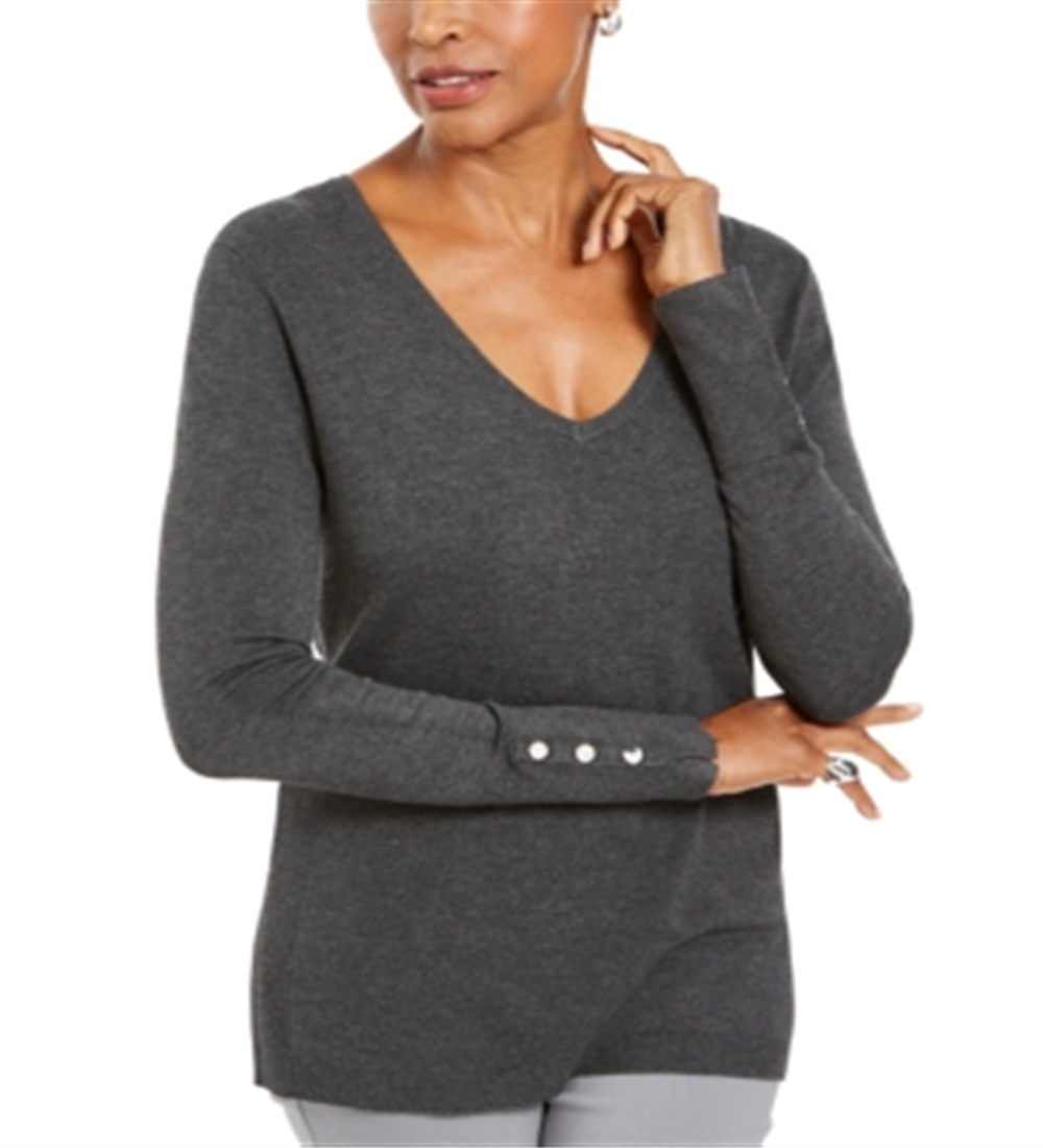 JM Collection Suéter Feminino com Manga Enfeitada e Gola V Cinza Tamanho Grande