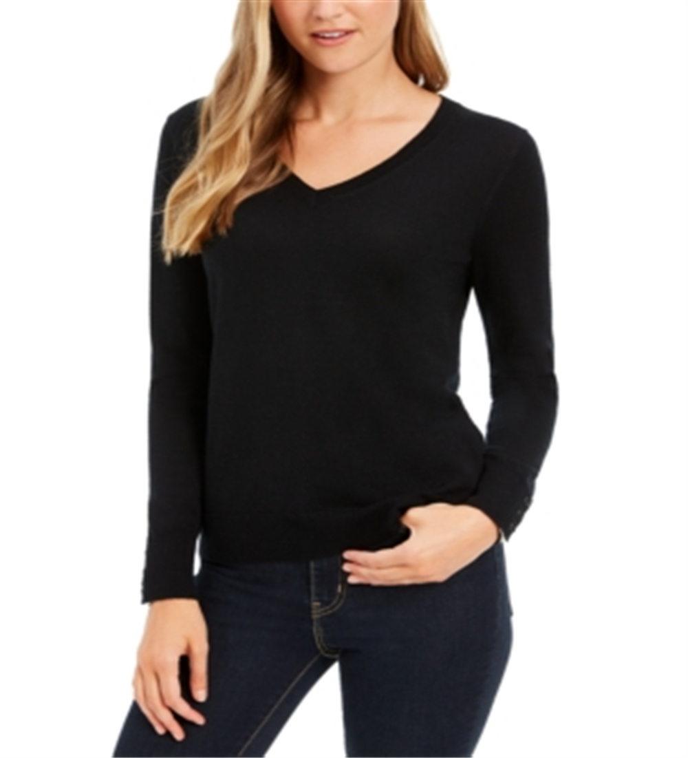 Suéter feminino de lã merino com botões e decote em V, preto, tamanho pequeno
