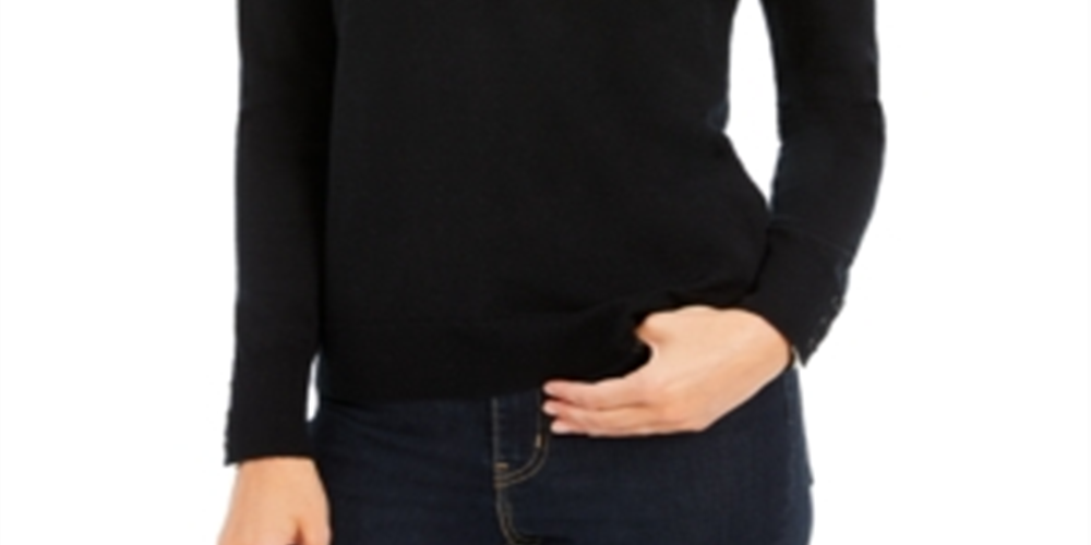 Suéter feminino de lã merino com botões e decote em V, preto, tamanho pequeno