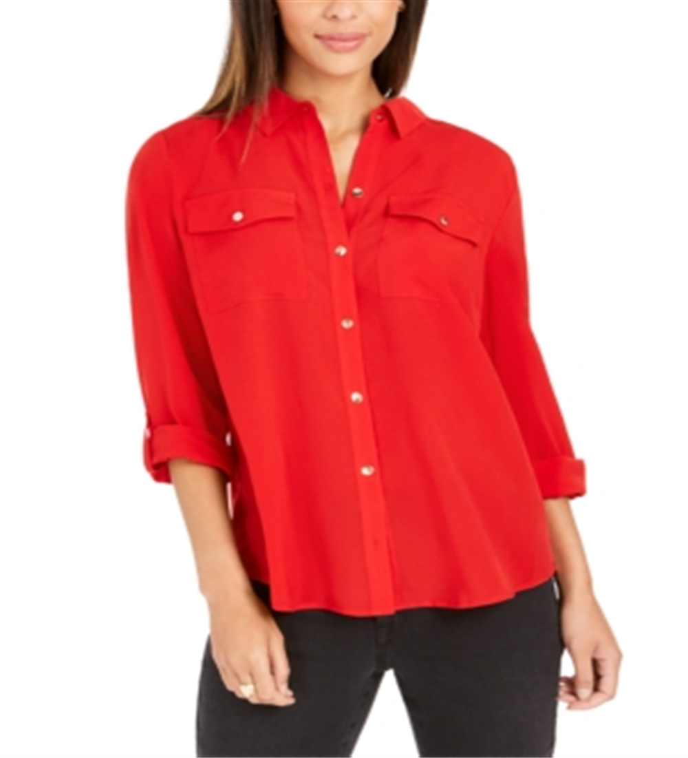 Camisa feminina Charter Club com dois bolsos, vermelha, tamanho médio