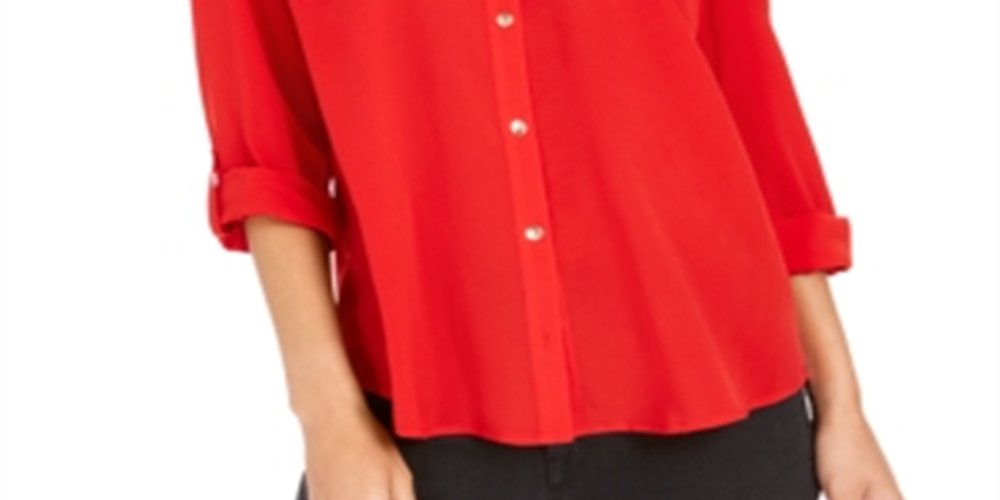 Camisa feminina Charter Club com dois bolsos, vermelha, tamanho médio