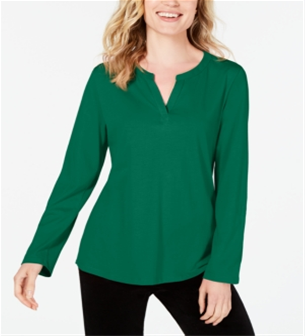 Camiseta feminina Charter Club Supima Cotton com decote dividido, verde, tamanho médio