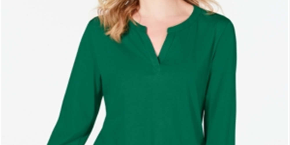 Camiseta feminina Charter Club Supima Cotton com decote dividido, verde, tamanho médio