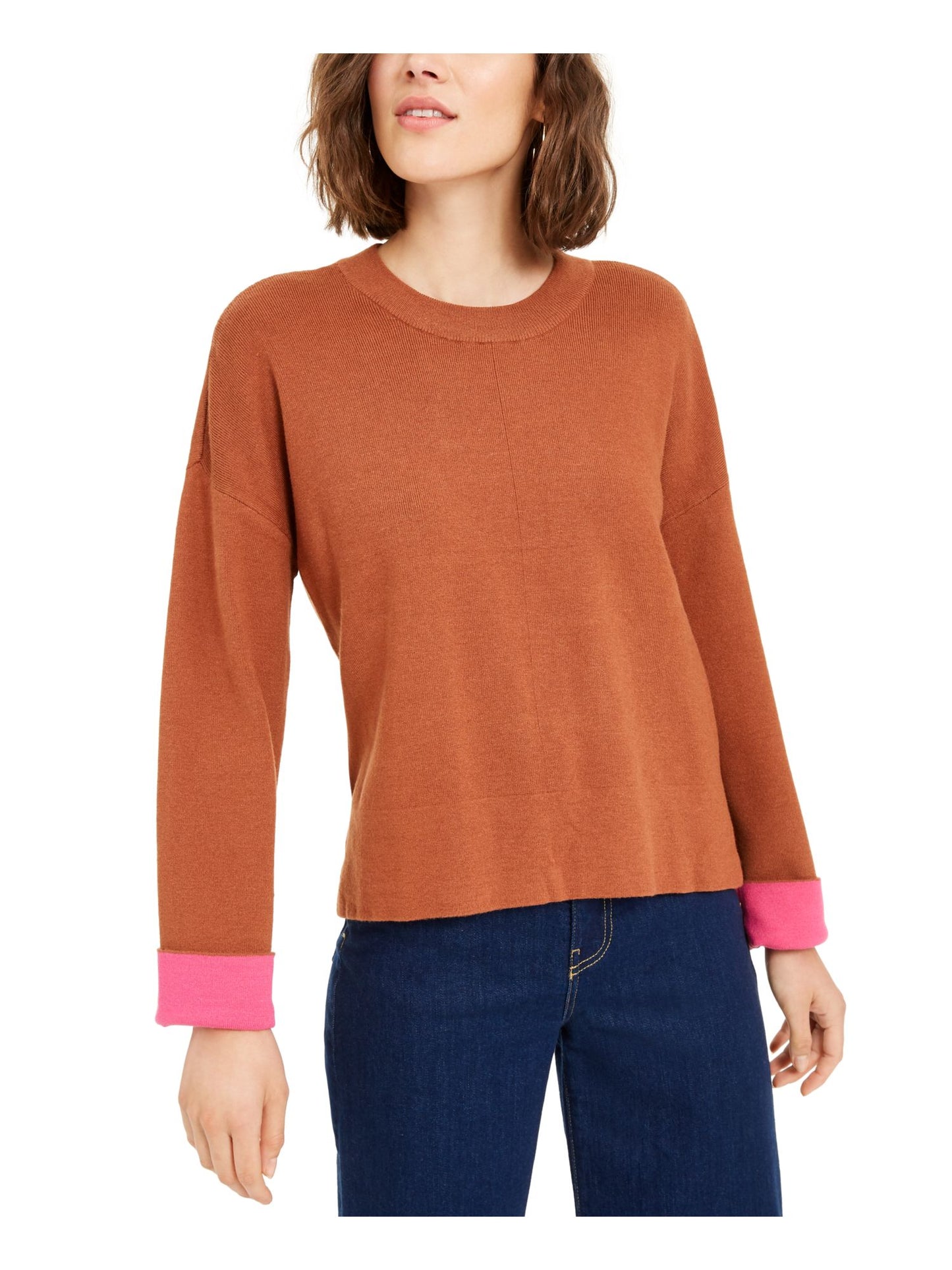 Blusa feminina Bar III de manga comprida com decote em joia, marrom, tamanho extragrande