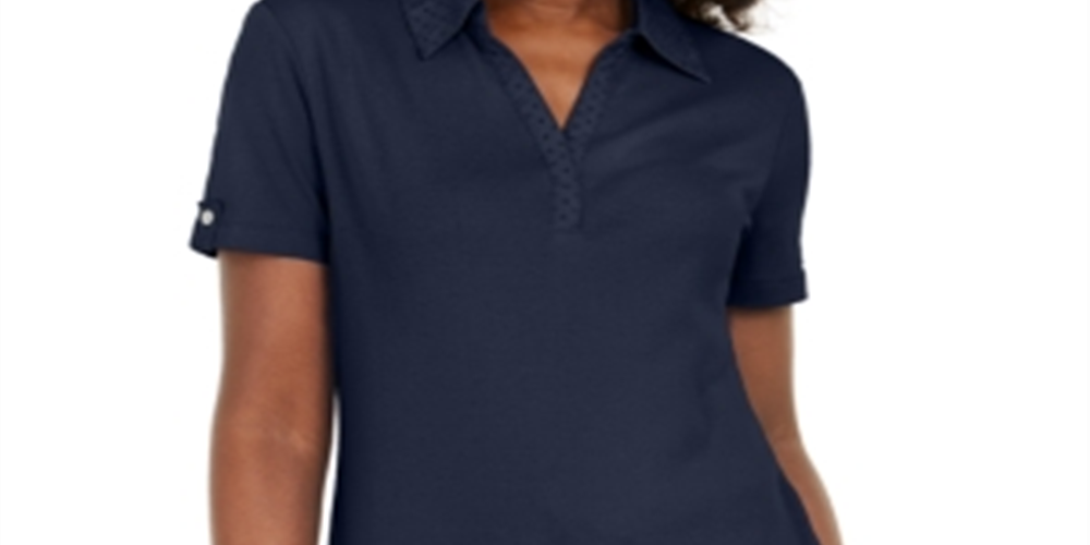 Karen Scott Blusa Feminina de Algodão com Gola com Ilhós Azul Tamanho P