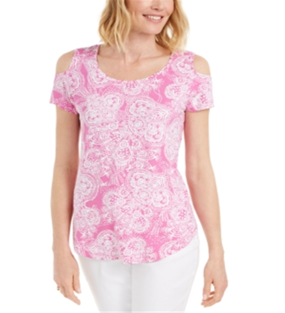 Top feminino estampado com ombros descobertos e decote redondo, tamanho extragrande, rosa, da coleção JM