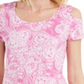 Top feminino estampado com ombros descobertos e decote redondo, tamanho extragrande, rosa, da coleção JM