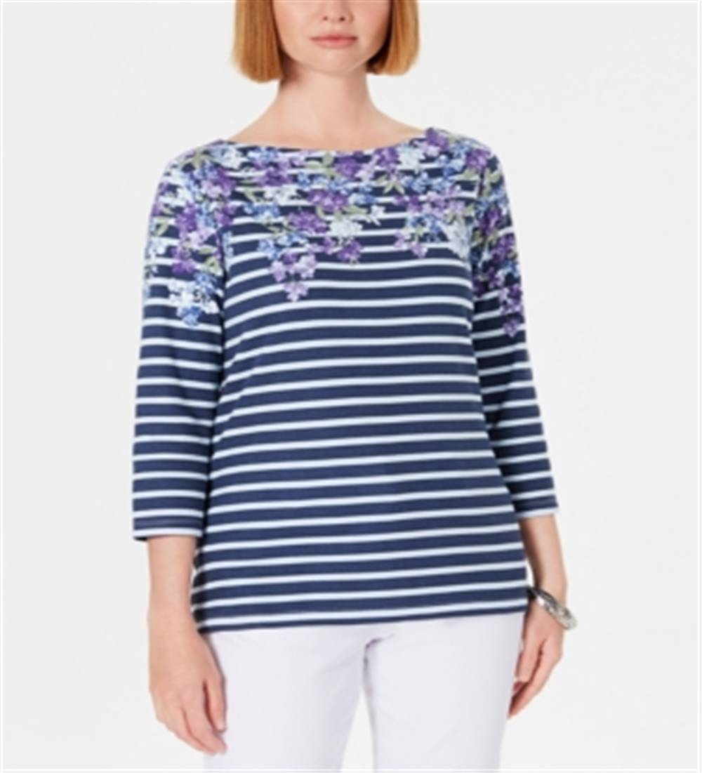 Karen Scott Blusa Feminina Listrada Floral Gola Canoa Azul Tamanho Pequeno X-Grande