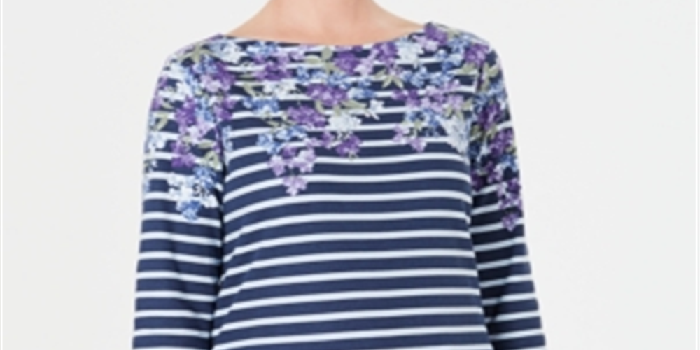 Karen Scott Blusa Feminina Listrada Floral Gola Canoa Azul Tamanho Pequeno X-Grande
