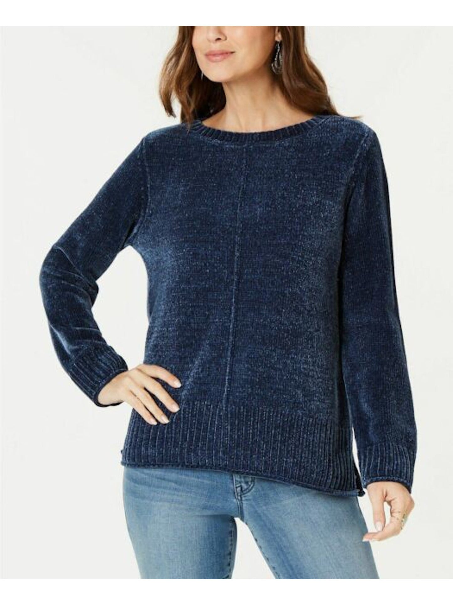 Blusa feminina texturizada mesclada manga comprida gola redonda azul tamanho GG