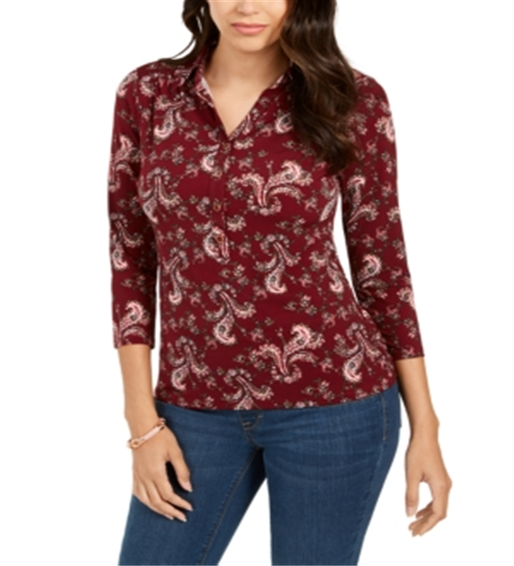 Camisa polo feminina Charter Club com estampa de manga 3/4, vermelha, tamanho XX-G