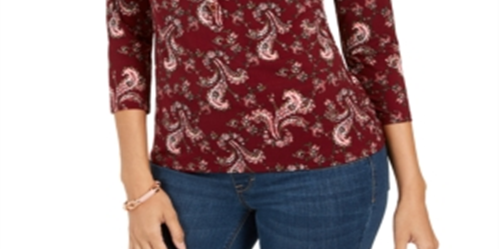 Camisa polo feminina Charter Club com estampa de manga 3/4, vermelha, tamanho XX-G