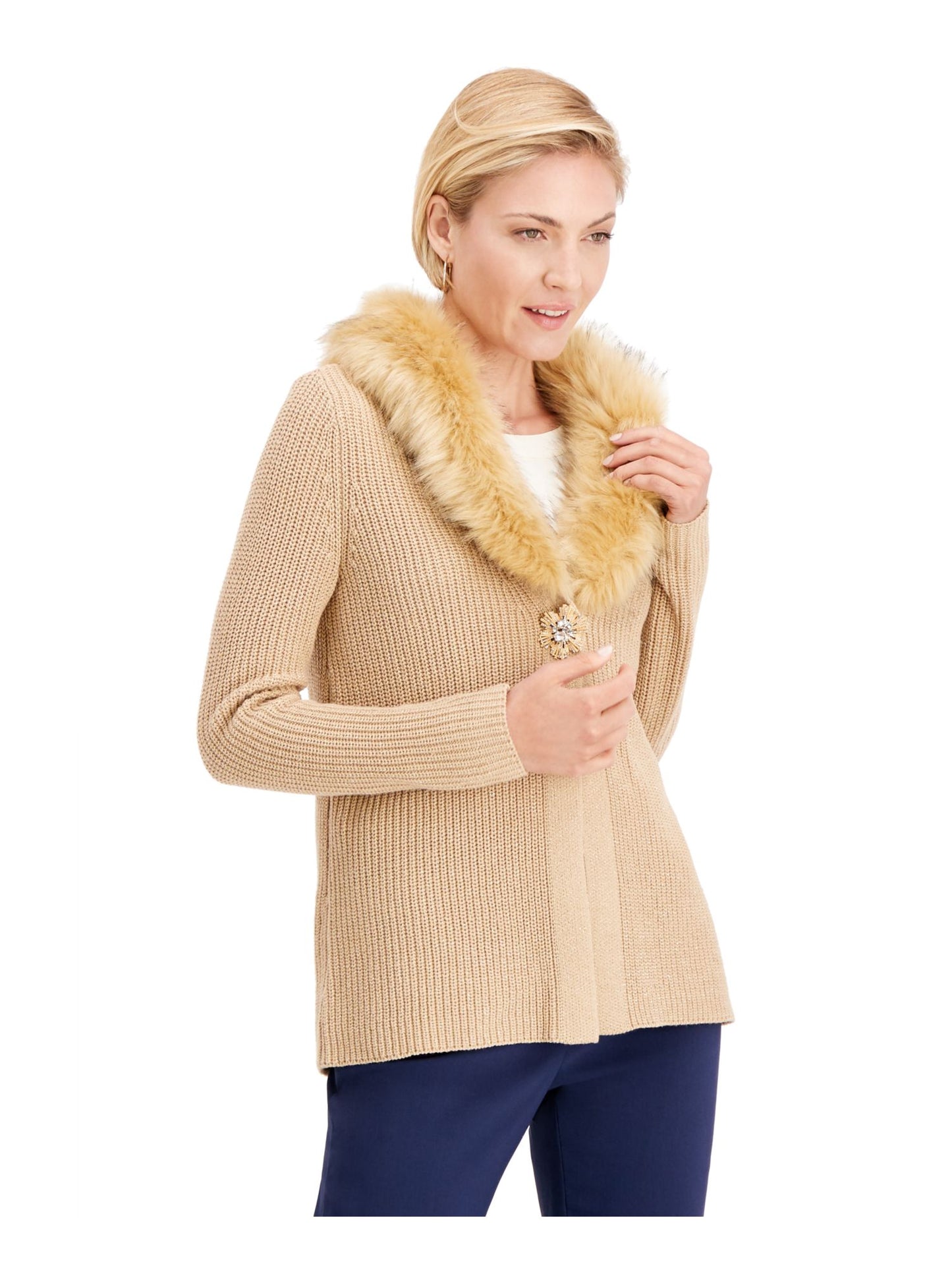 JM Collection Suéter feminino com gola de pele sintética para festa de fim de ano, marrom, tamanho extragrande