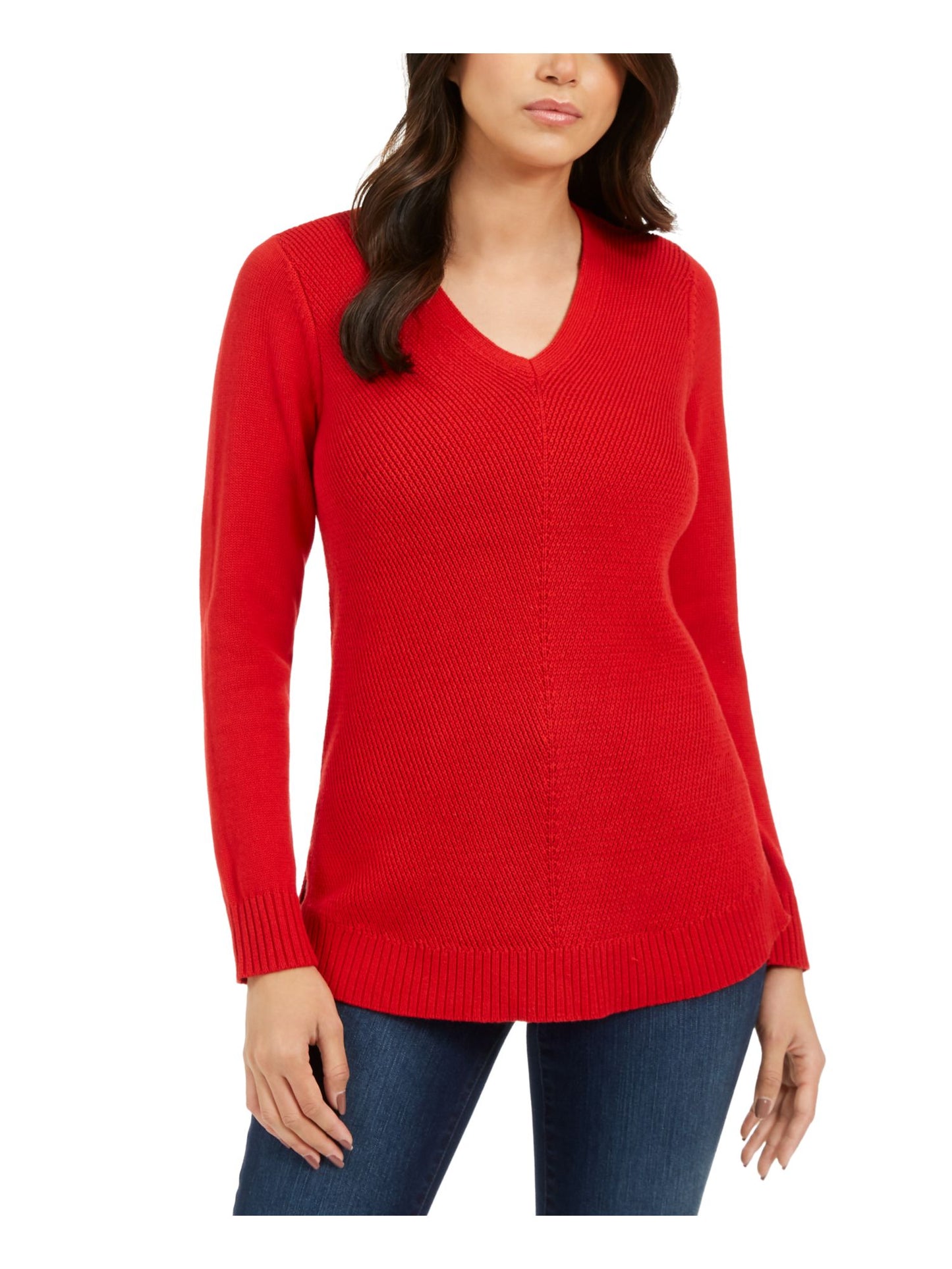 Camiseta feminina texturizada canelada com manga comprida e decote em V, tamanho pequeno, vermelha