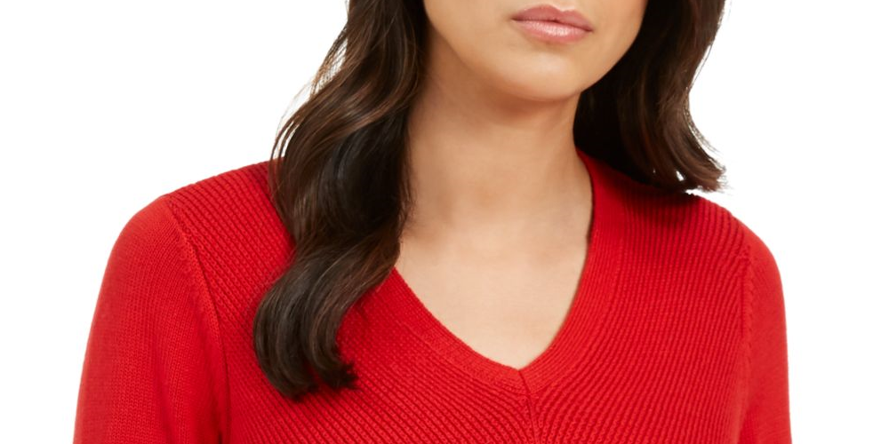 Camiseta feminina texturizada canelada com manga comprida e decote em V, tamanho pequeno, vermelha