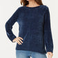 Blusa feminina texturizada mesclada manga comprida gola redonda azul tamanho grande