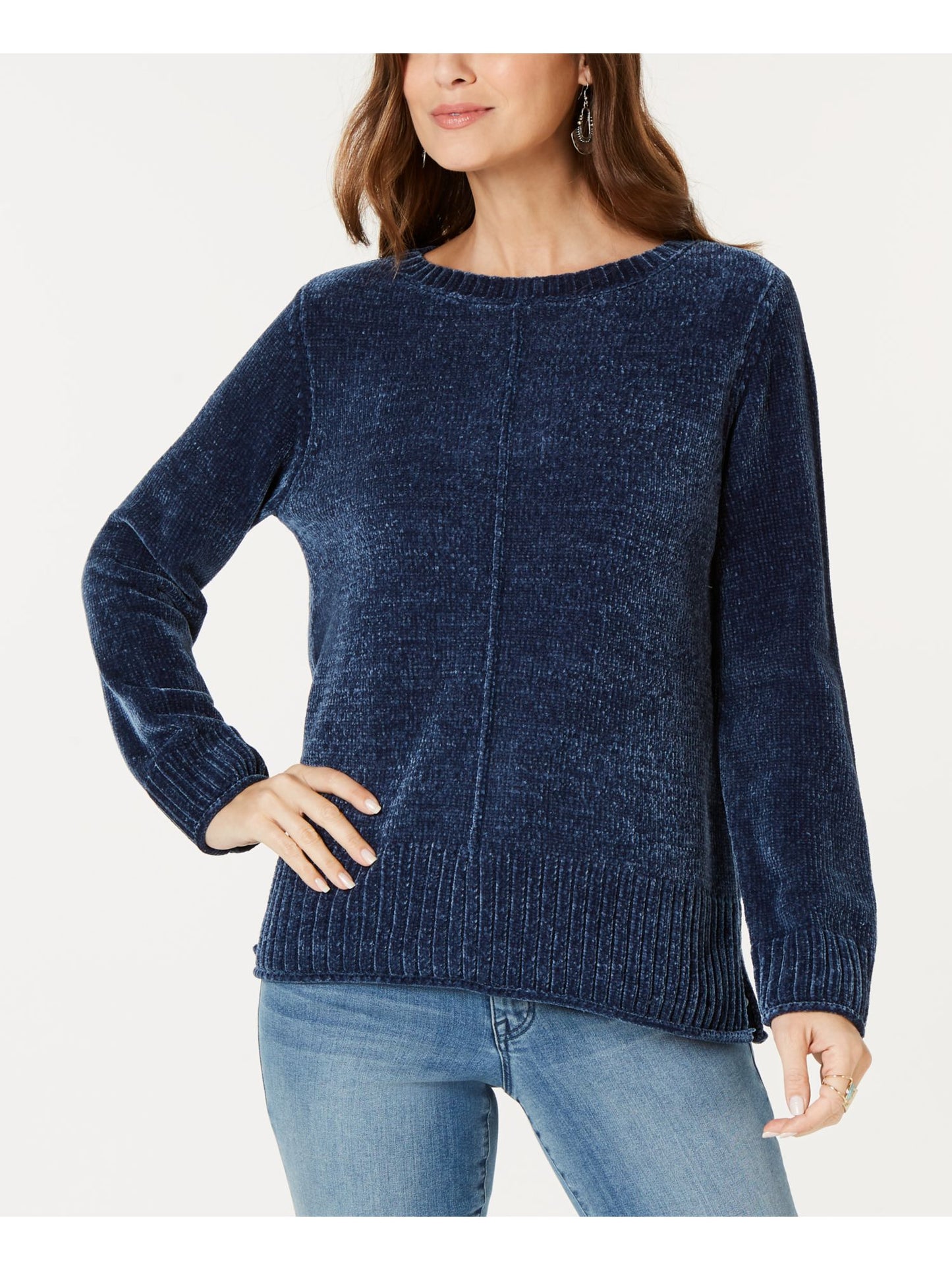 Blusa feminina texturizada mesclada manga comprida gola redonda azul tamanho grande