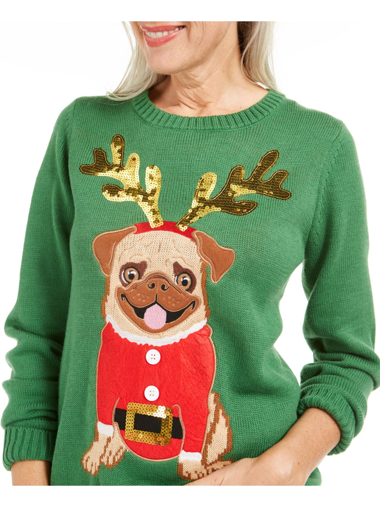 Karen Scott Suéter Pug Natalino Feminino Verde Tamanho Pequeno P