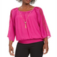 JM Collection Feminino Texturizado Crochê Manga Colar Gaze Top Rosa Tamanho XX-G