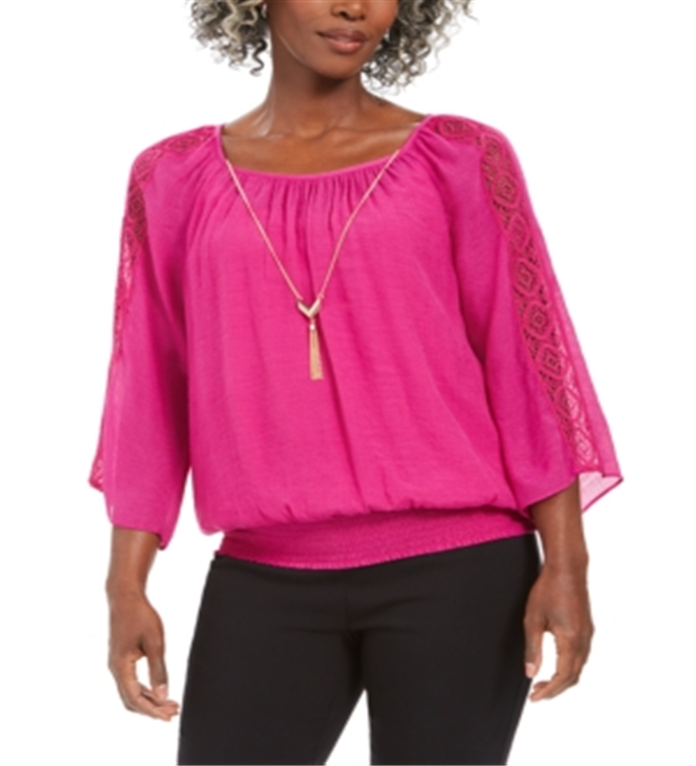JM Collection Feminino Texturizado Crochê Manga Colar Gaze Top Rosa Tamanho XX-G