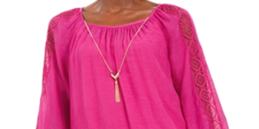 JM Collection Feminino Texturizado Crochê Manga Colar Gaze Top Rosa Tamanho XX-G