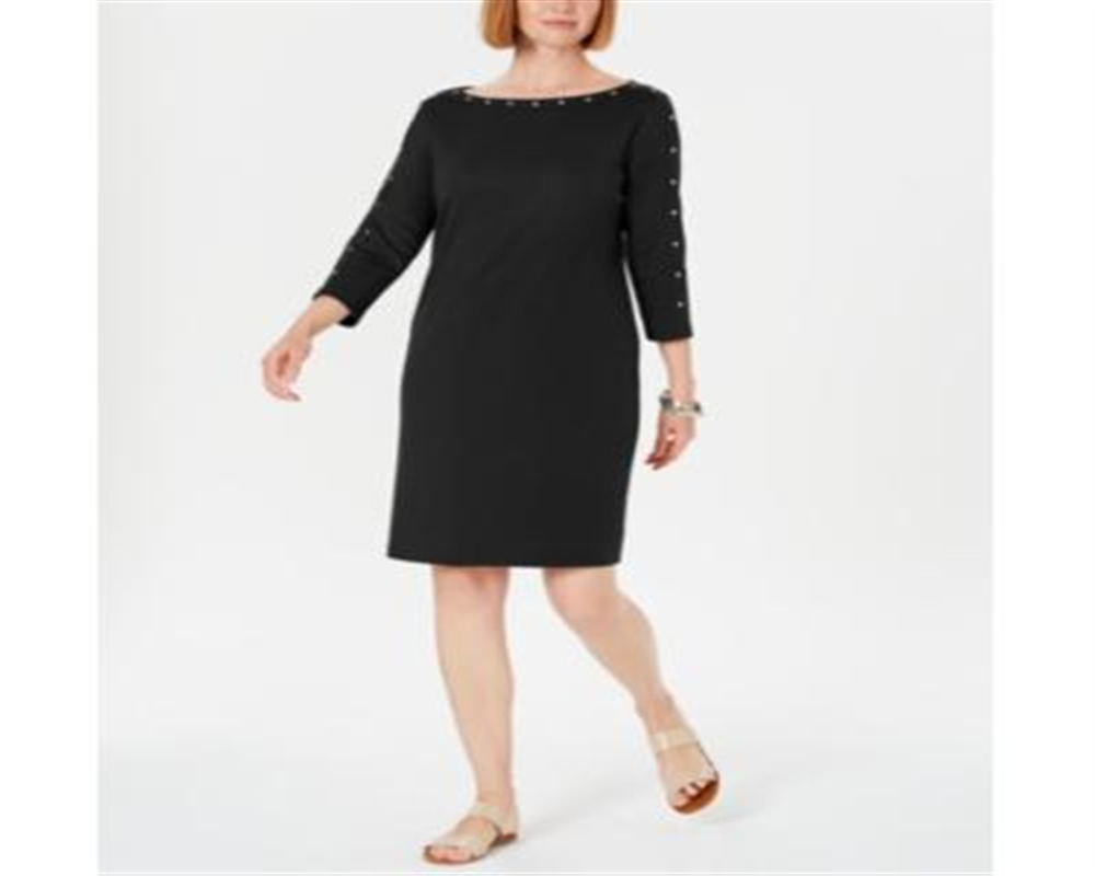Vestido feminino Karen Scott com decote canoa e tachas, preto, tamanho pequeno e pequeno