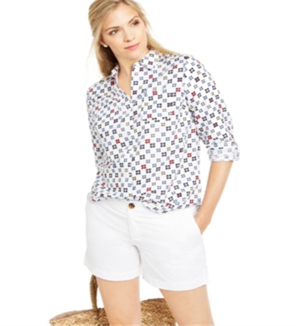 Charter Club Blusa feminina estampada com mangas dobradas e mistura de linho, branca, tamanho XX-G