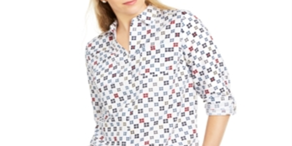 Charter Club Blusa feminina estampada com mangas dobradas e mistura de linho, branca, tamanho XX-G