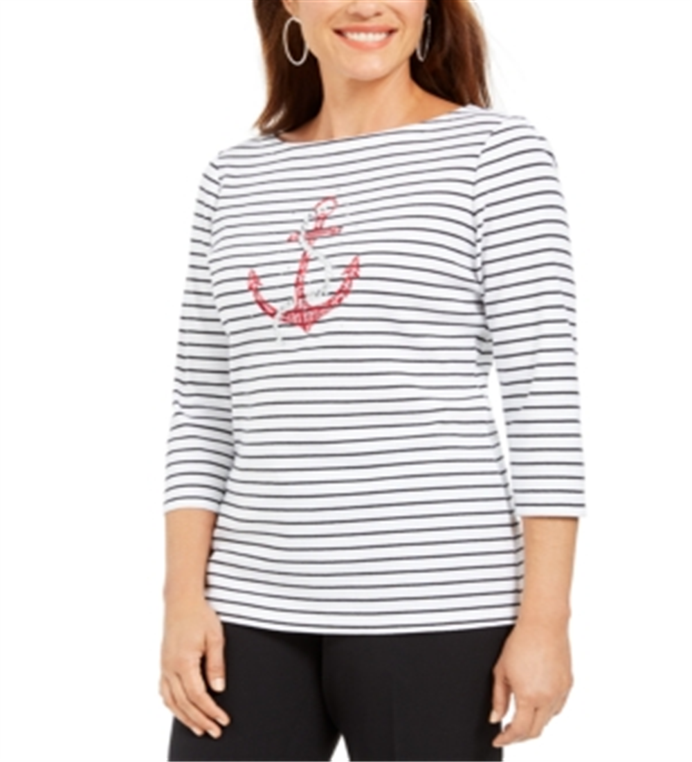 Karen Scott Blusa Feminina Listrada de Algodão com Estampa de Âncora Branca Tamanho Pequeno P/M