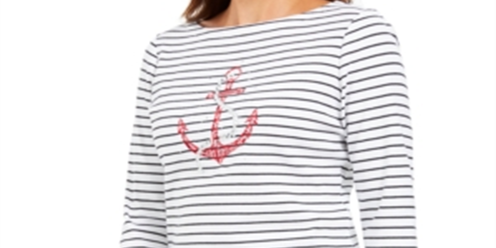 Karen Scott Blusa Feminina Listrada de Algodão com Estampa de Âncora Branca Tamanho Pequeno P/M