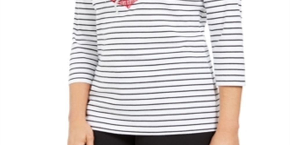 Karen Scott Blusa Feminina Listrada de Algodão com Estampa de Âncora Branca Tamanho Pequeno P/M