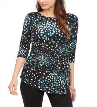 Blusa estampada feminina Alfani, preta/azul-petróleo, leopardo, tamanho pequeno, P/M