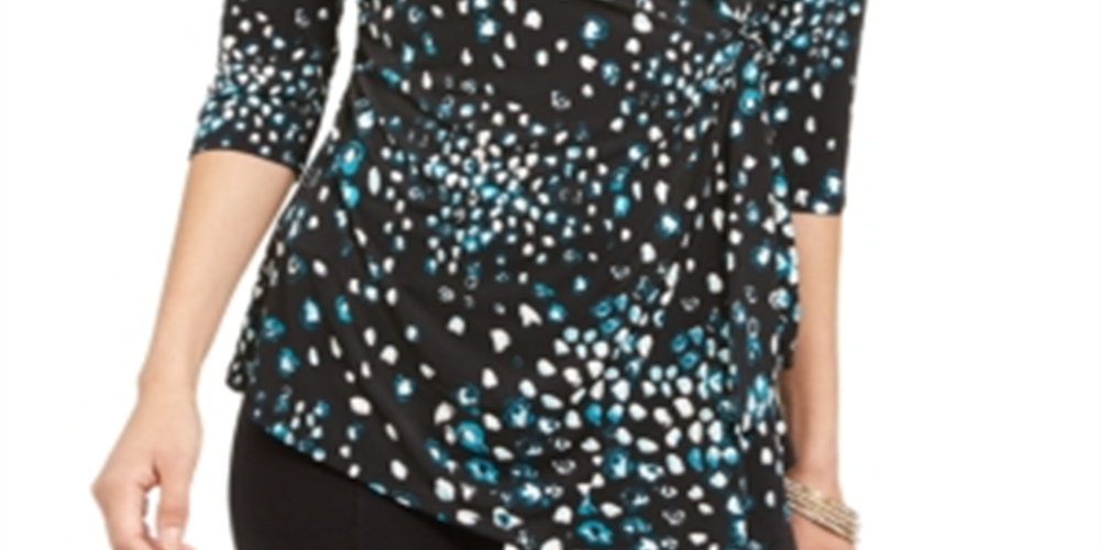 Blusa estampada feminina Alfani, preta/azul-petróleo, leopardo, tamanho pequeno, P/M
