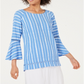 JM Collection Top feminino com manga sino e pregas, azul, tamanho pequeno médio