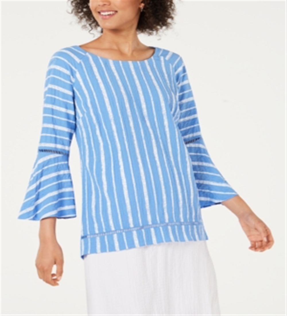 JM Collection Top feminino com manga sino e pregas, azul, tamanho pequeno médio
