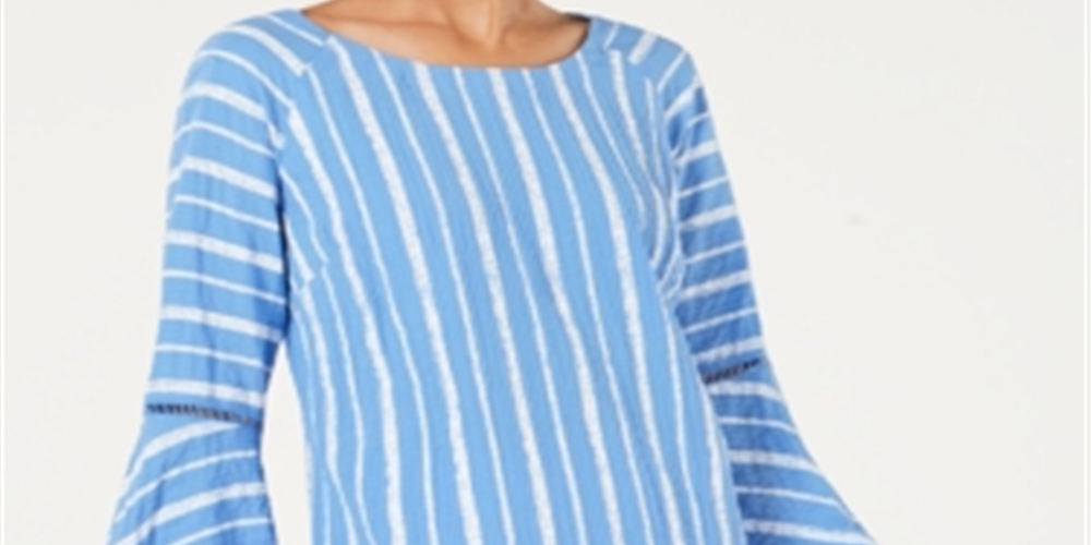 JM Collection Top feminino com manga sino e pregas, azul, tamanho pequeno médio