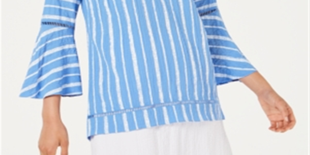 JM Collection Top feminino com manga sino e pregas, azul, tamanho pequeno médio
