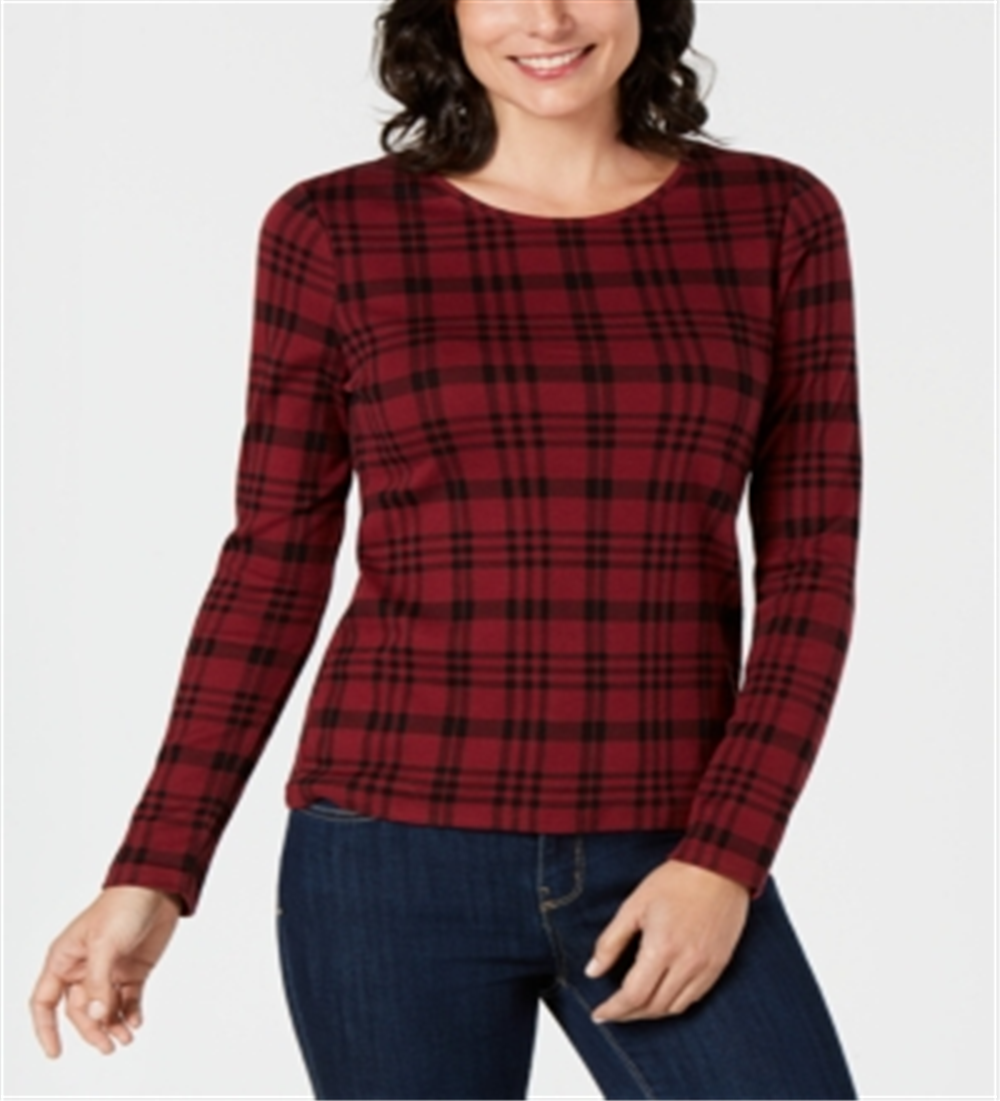 Camiseta feminina xadrez de algodão Charter Club, vermelha, tamanho pequeno