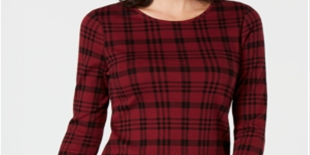 Camiseta feminina xadrez de algodão Charter Club, vermelha, tamanho pequeno