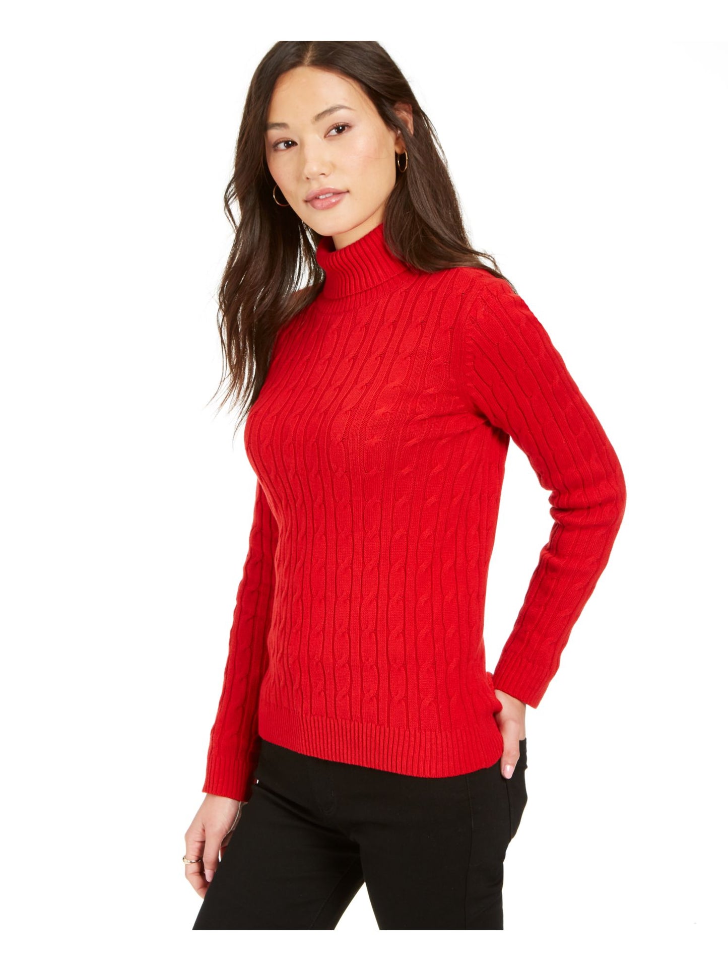 Suéter feminino com nervuras e gola alta, manga comprida, tamanho pequeno, vermelho, Charter Club
