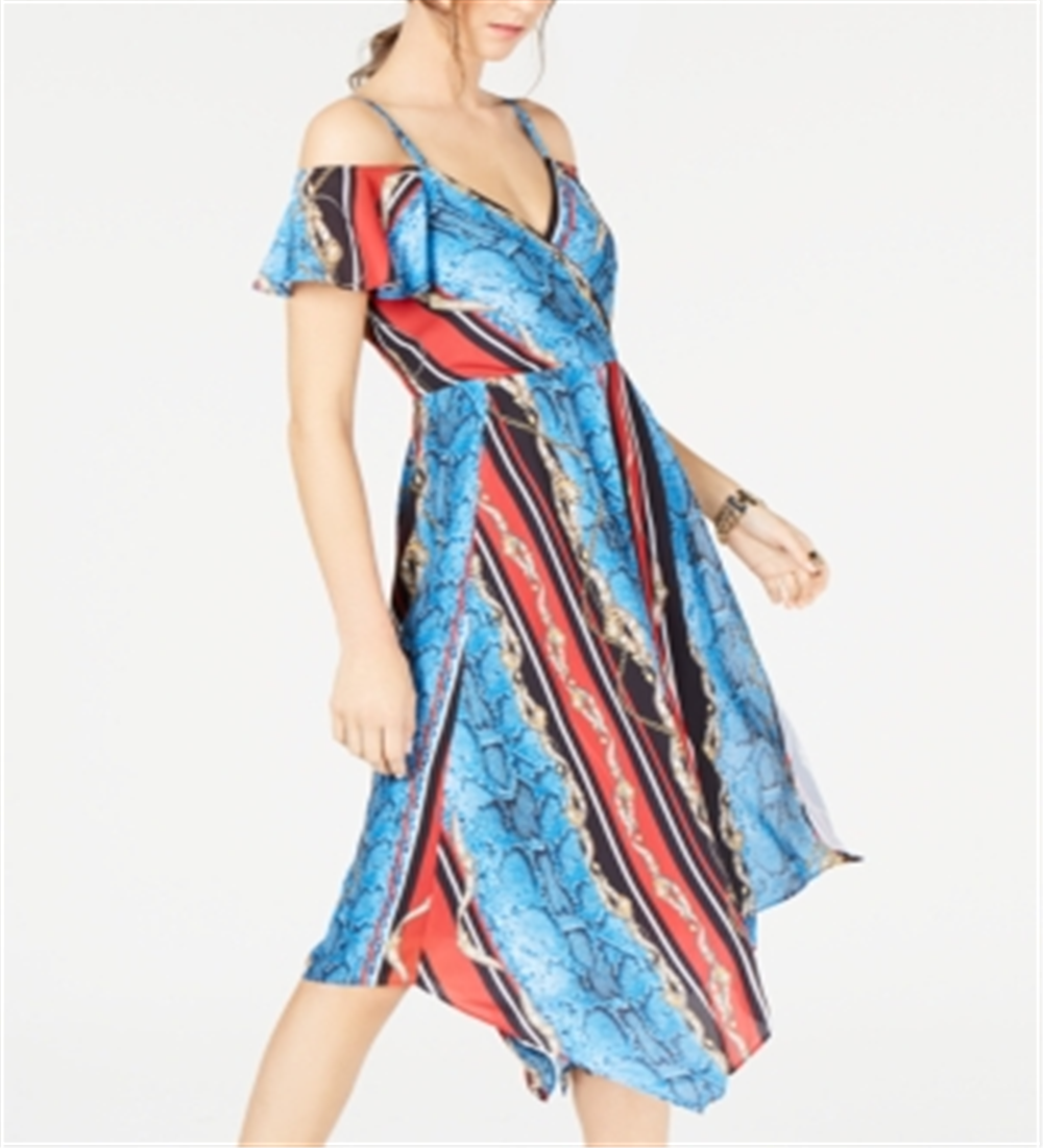 Vestido feminino estampado com ombros descobertos da INC International Concepts, azul, tamanho 6, pequeno