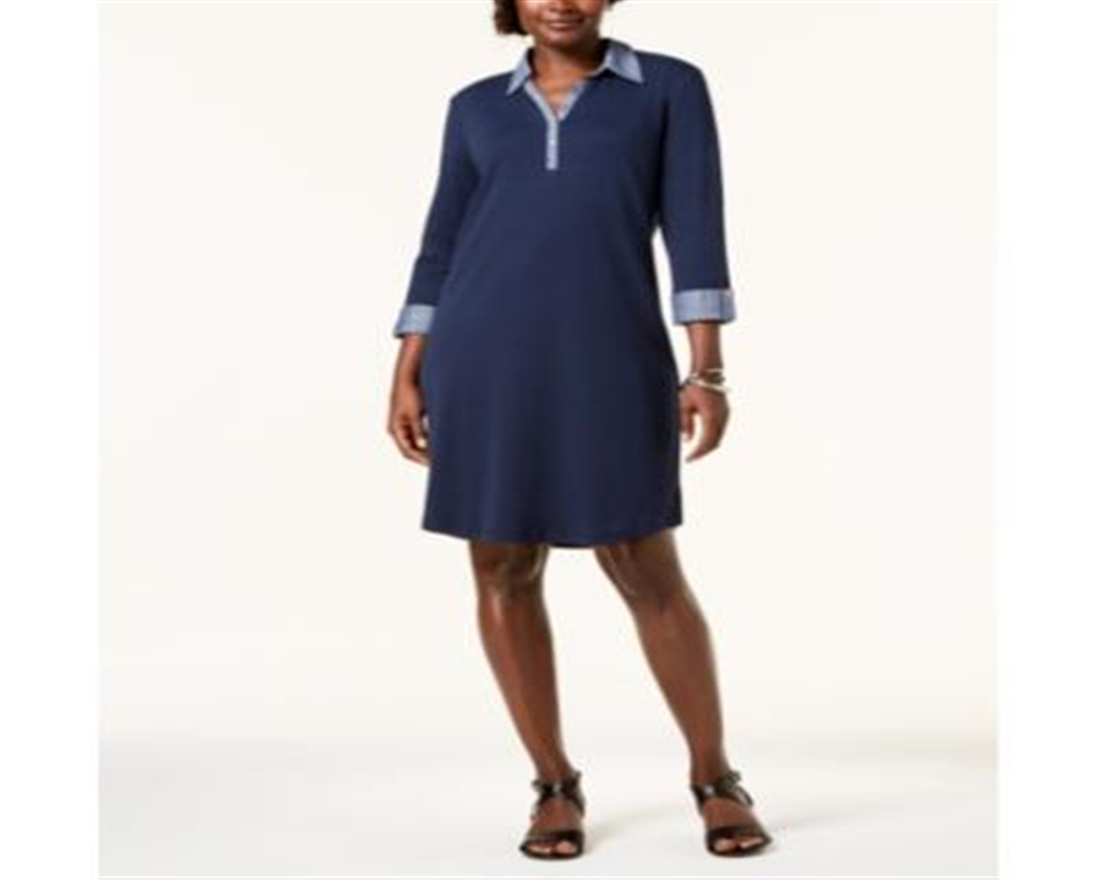 Vestido-camisa de algodão com acabamento contrastante Karen Scott feminino, azul, tamanho pequeno e pequeno